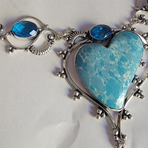 Sterling Silver Blue Howlite Heart Necklace Set With Blue Topaz Earrings - Picture 5 of 10